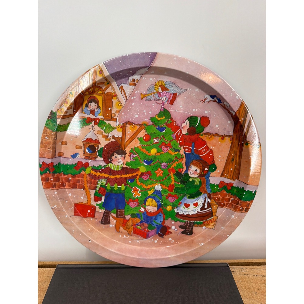 Vintage Christmas Tin Serving Tray Children‎ Decorating Tree Winter Scene Round